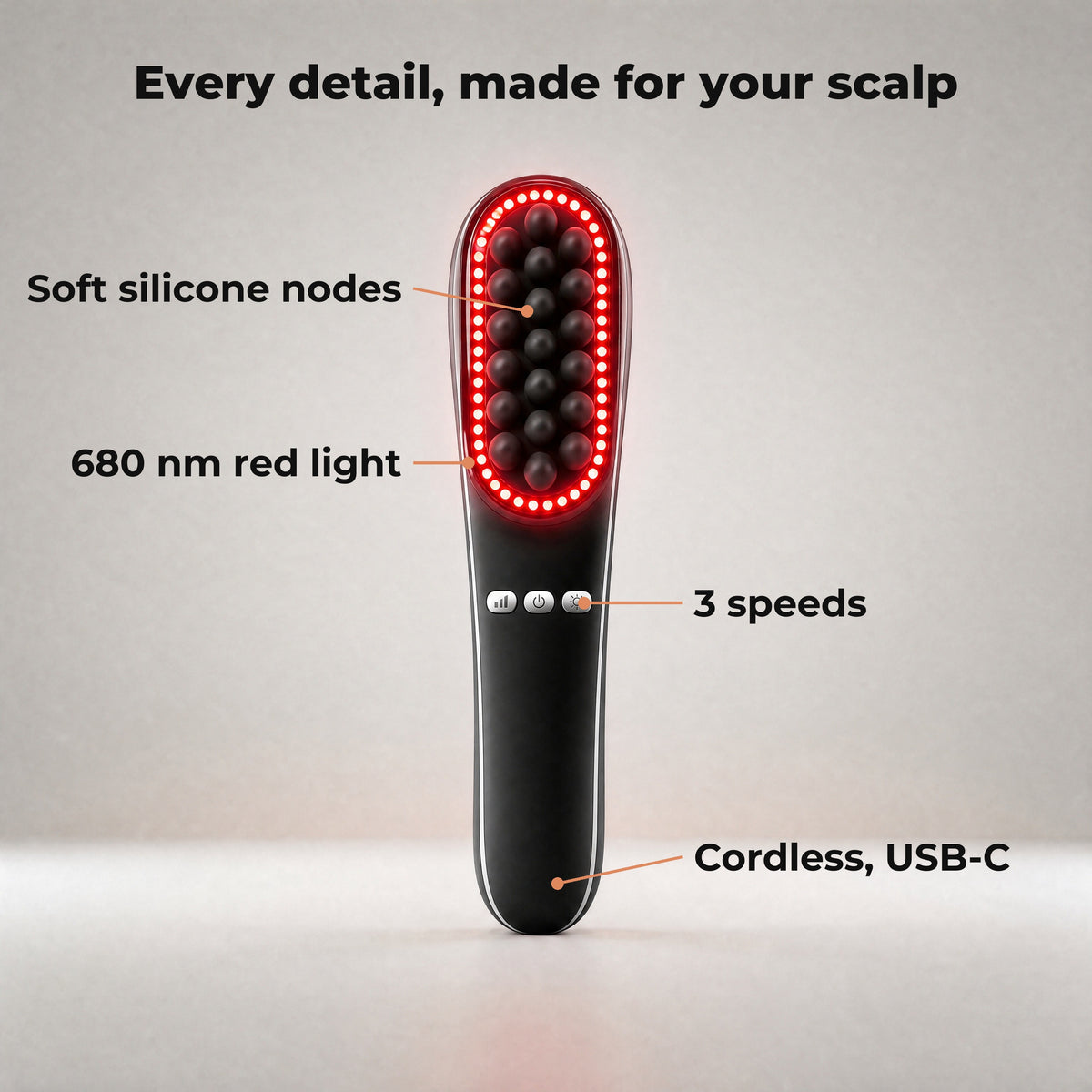 Details: soft silicone nodes, 660 nm red light, 3 speeds, cordless USB-C