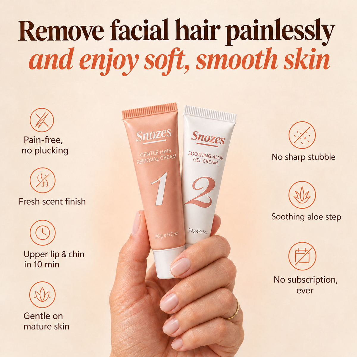SNOZES benefits: pain-free, fresh scent finish, upper lip and chin in 10 min, gentle on mature skin, no sharp stubble, soothing aloe step, no subscription