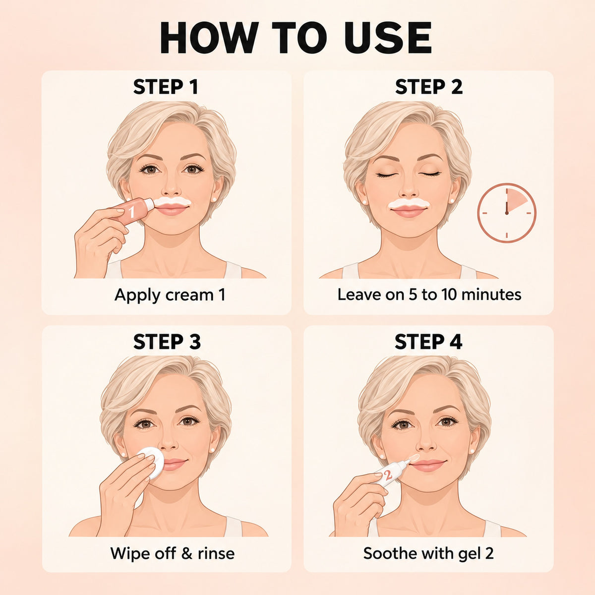How to use SNOZES in 4 steps: apply cream 1, leave on 5 to 10 minutes, wipe off, soothe with gel 2