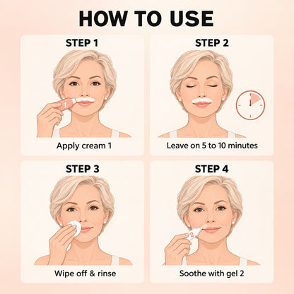How to use SNOZES in 4 steps: apply cream 1, leave on 5 to 10 minutes, wipe off, soothe with gel 2