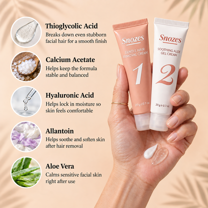 SNOZES key ingredients: thioglycolic acid, calcium acetate, hyaluronic acid, allantoin, aloe vera