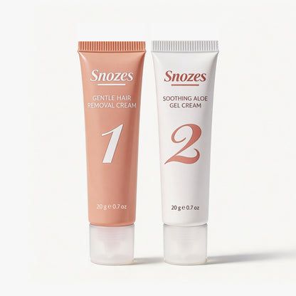 SNOZES facial hair removal kit: gentle hair removal cream (1) and soothing aloe gel cream (2)