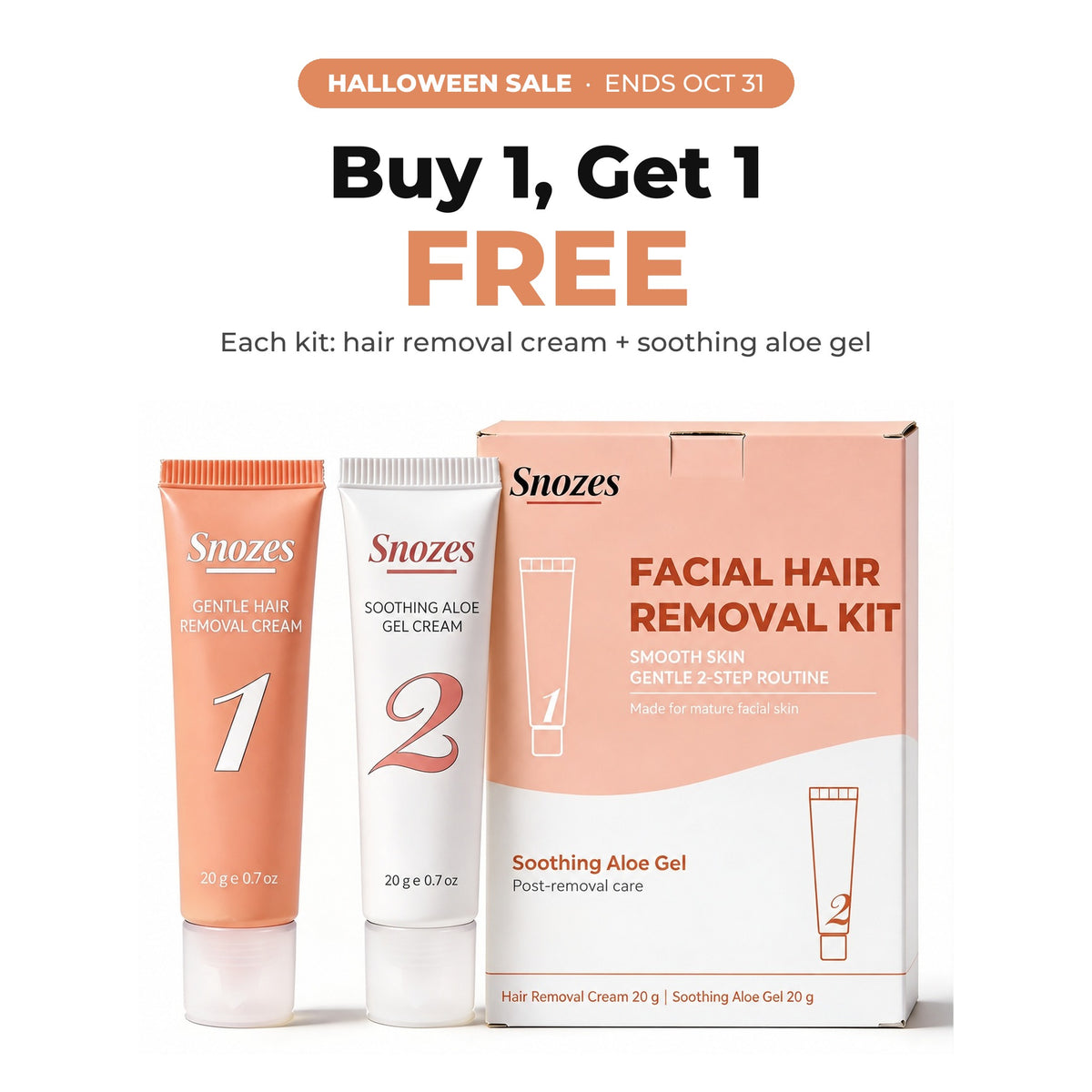 SNOZES Facial Hair Removal Kit: Buy 1, Get 1 FREE. Each kit: hair removal cream + soothing aloe gel