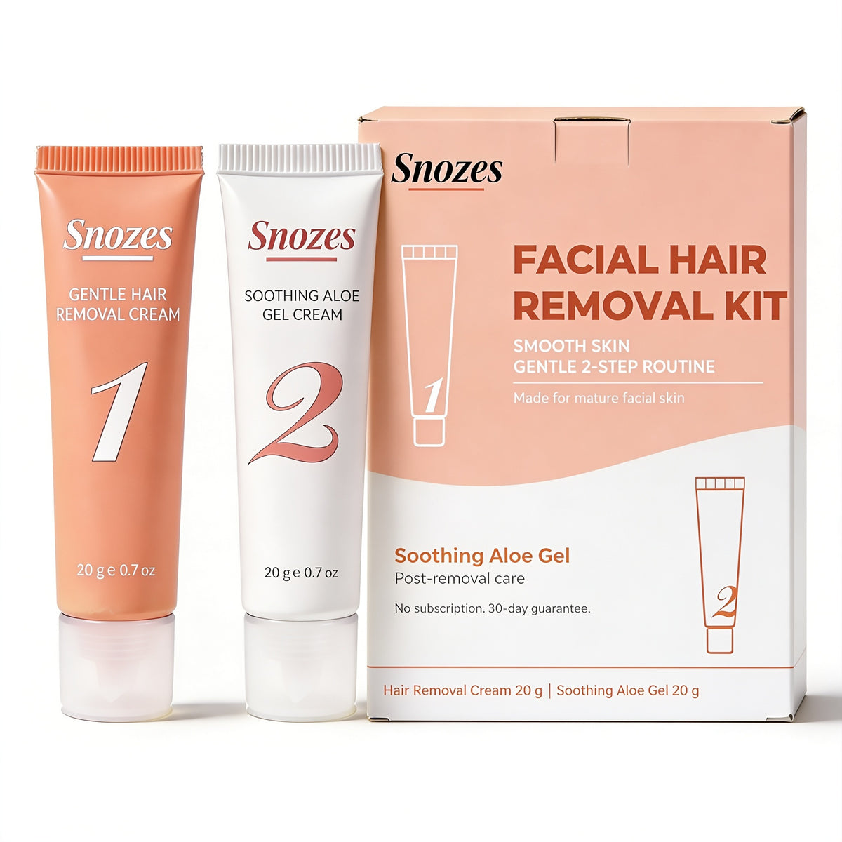 SNOZES facial hair removal kit box with cream 1 and soothing gel 2