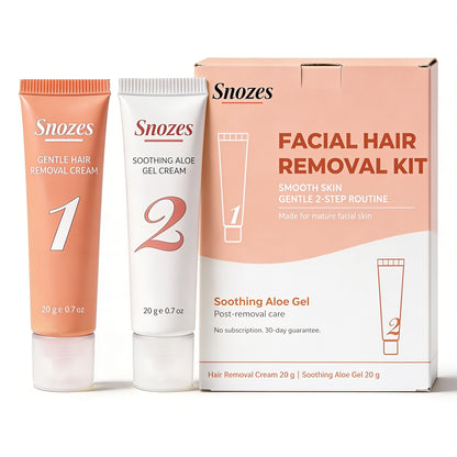 SNOZES facial hair removal kit box with cream 1 and soothing gel 2
