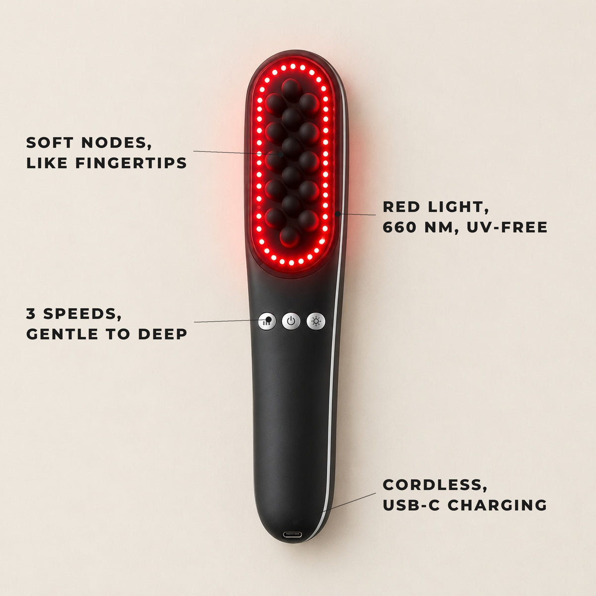 Details: soft nodes like fingertips, 660 nm UV-free red light, 3 speeds, cordless USB-C charging