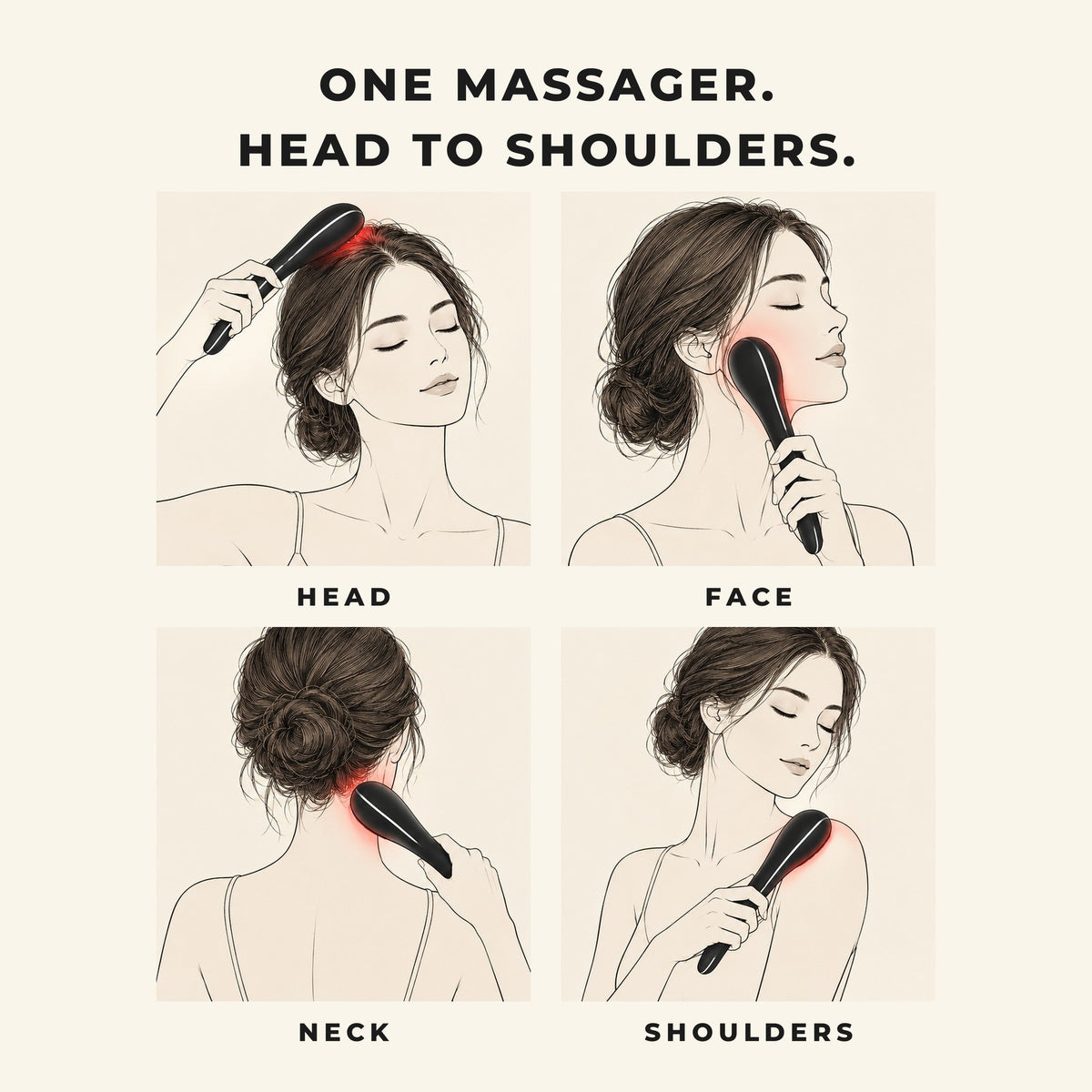 One massager, head to shoulders: head, face, neck and shoulders